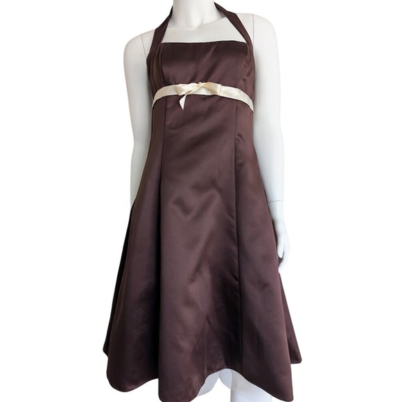 Zum Zum by Niki Livas Dresses & Skirts - Vintage Brown Satin Halter Cocktail Dress XS 90s Y2K Bow Party Coquette Occasion